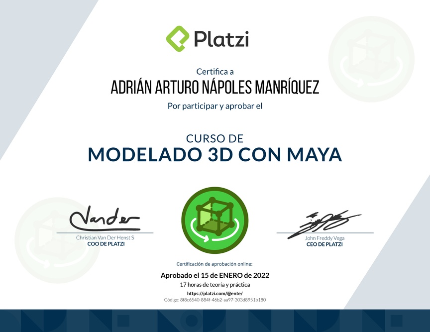 Diploma del Curso de Modelado 3D con Maya