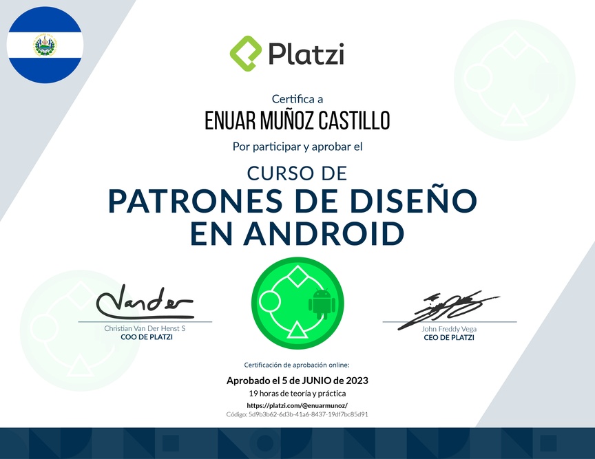 Diploma del Curso de Patrones de Diseño en Android