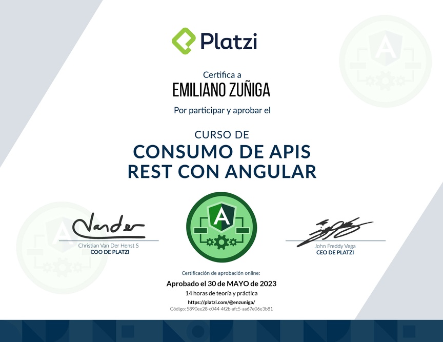 Diploma del Curso de Consumo de APIs REST con Angular