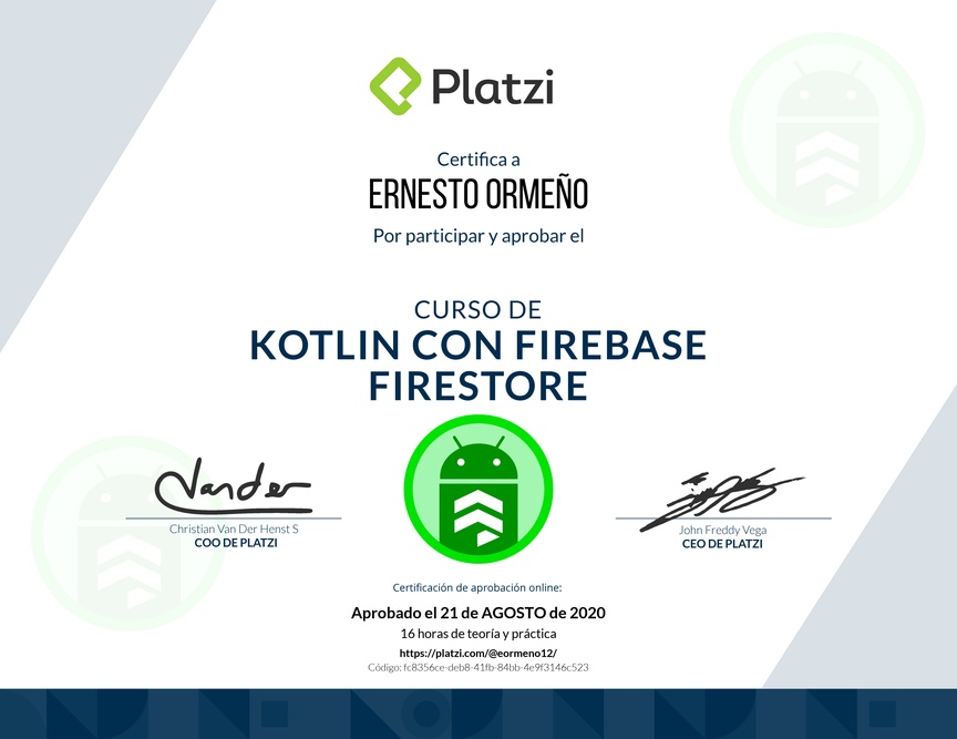 Diploma del Curso de Kotlin con Firebase Firestore