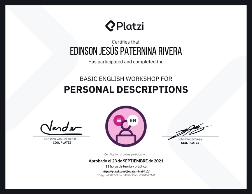 Diploma del Curso de Inglés Práctico para Descripciones Personales (2020=