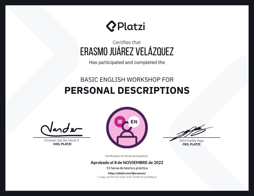 Diploma del Curso de Inglés Práctico para Descripciones Personales (2020=
