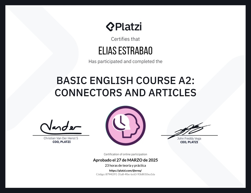 Diploma del Curso de Inglés Básico A2: Conectores y Artículos