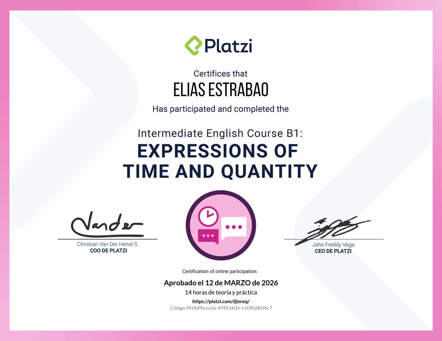 Diploma del Curso de Inglés Intermedio B1: Expresiones de Tiempo y Cantidad
