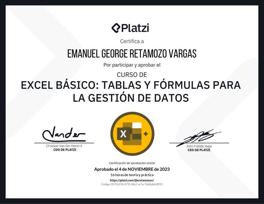 Diploma del Curso de Excel Básico: Tablas y Fórmulas para la Gestión de Datos