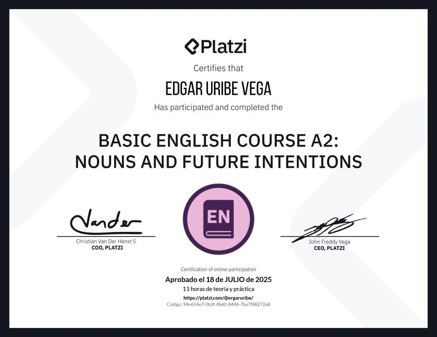 Diploma del Curso de Inglés Básico A2: Sustantivos e Intenciones Futuras