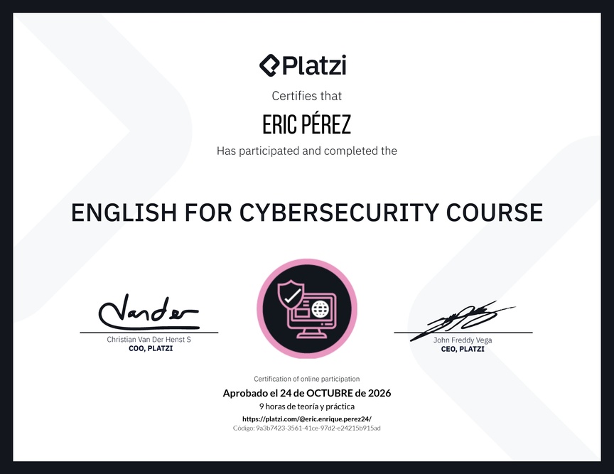 Diploma del Curso de Inglés para Ciberseguridad