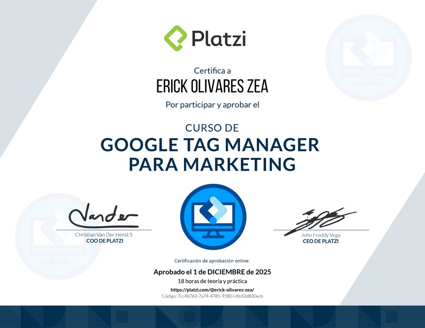Diploma del Curso de Google Tag Manager para Marketing