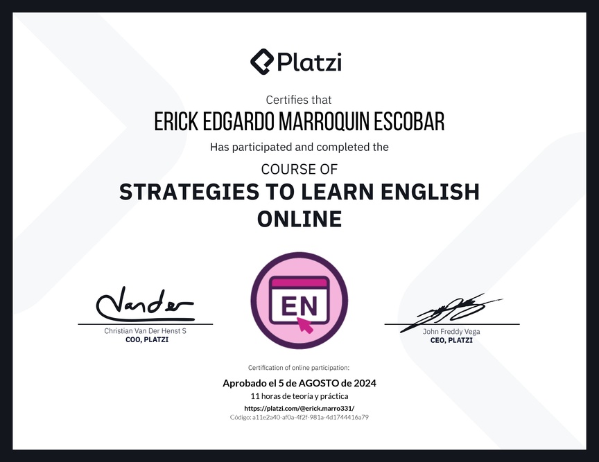 Diploma del Curso Gratis de Estrategias para Aprender Inglés en Línea
