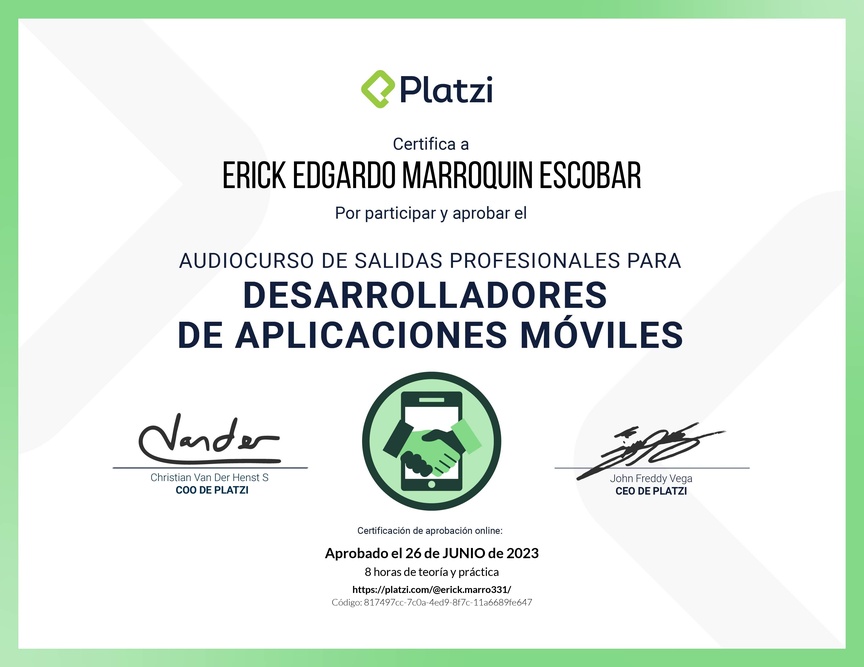 Diploma de Audiocurso de Salidas Profesionales para Desarrolladores de Aplicaciones Móviles 2022