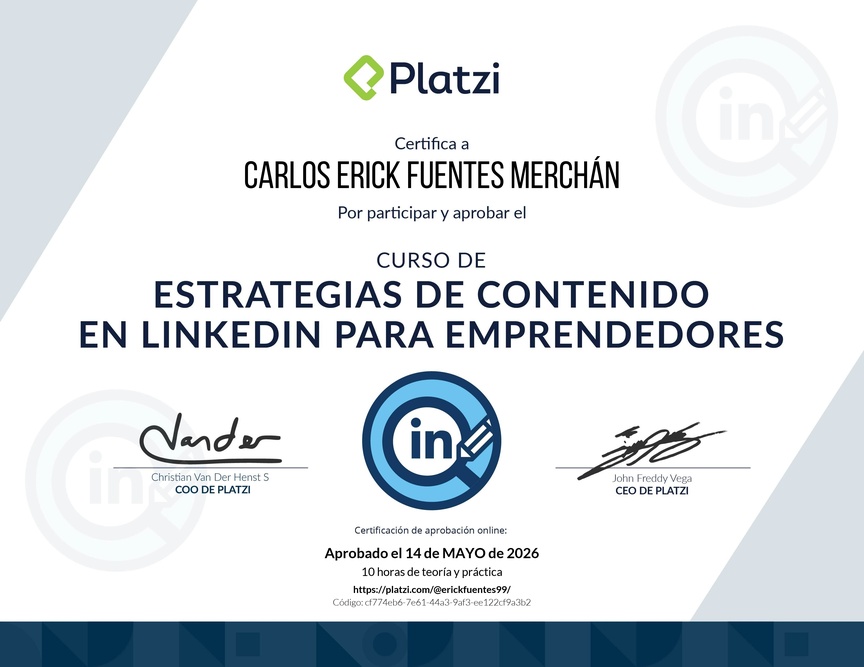Diploma del Curso de Estrategia de Contenido en LinkedIn para Emprendedores