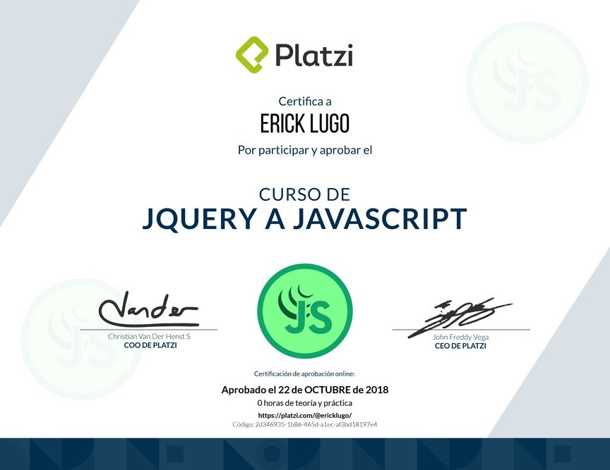 Diploma del Curso de jQuery a JavaScript 2018