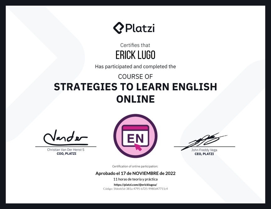 Diploma del Curso Gratis de Estrategias para Aprender Inglés en Línea