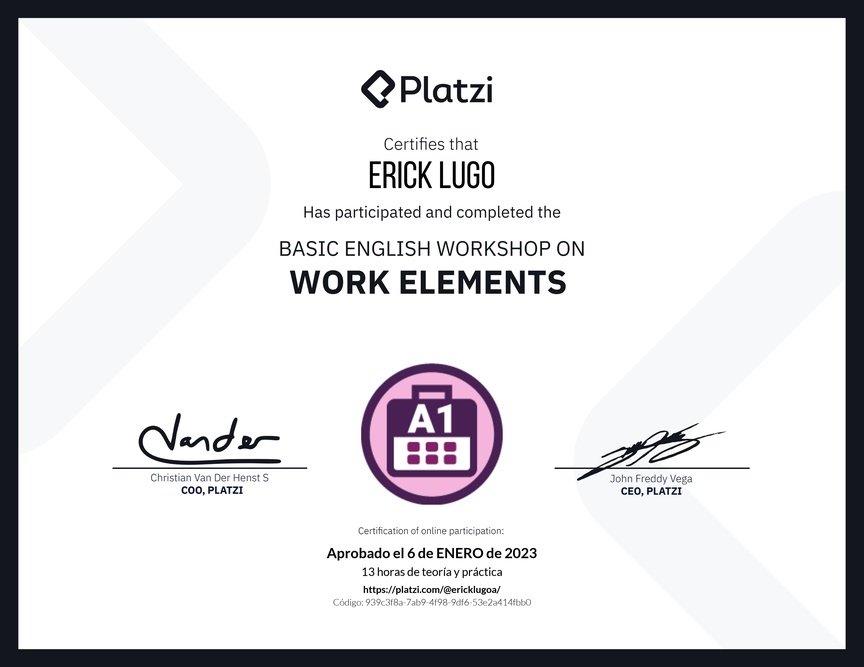 Diploma del Curso de Inglés Práctico sobre Elementos de Trabajo