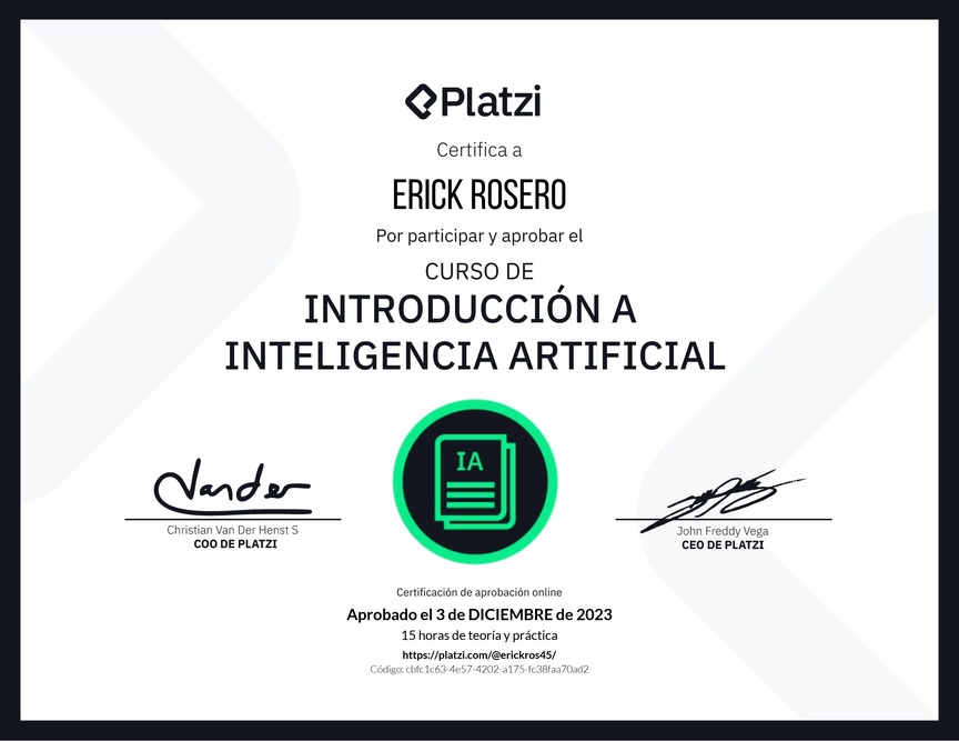 Diploma del Curso de Introducción a Inteligencia Artificial (2023)