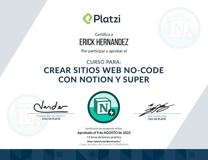 Diploma del Curso para Crear Sitios Web No-code con Notion y Super