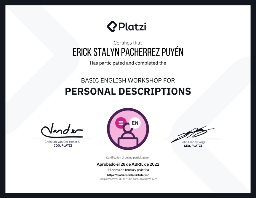 Diploma del Curso de Inglés Práctico para Descripciones Personales (2020=