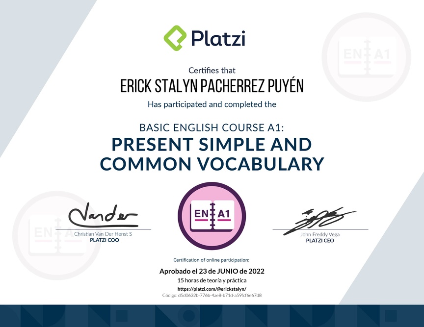 Diploma del Curso de Inglés Básico A1: Presente Simple y Vocabulario Común (2021)
