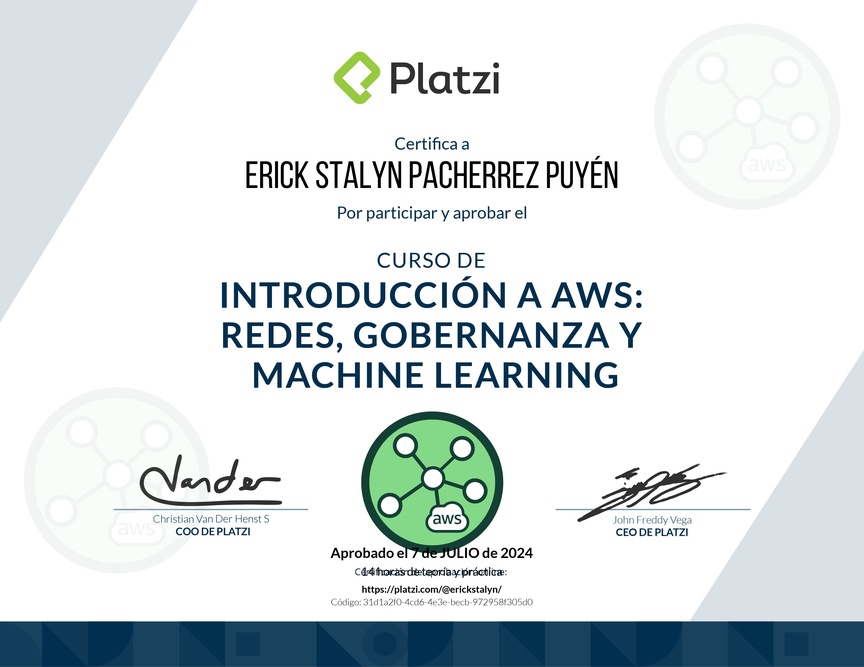 Diploma del Curso de Introducción a AWS: Redes, Gobernanza y Machine Learning
