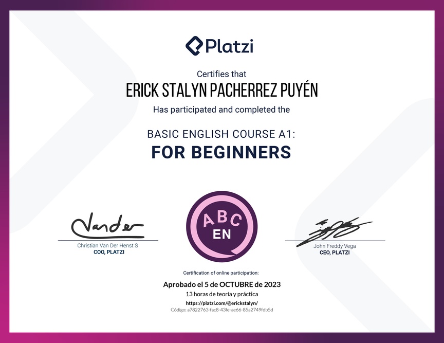 Diploma del Curso de Inglés Básico para Principiantes - (2022)
