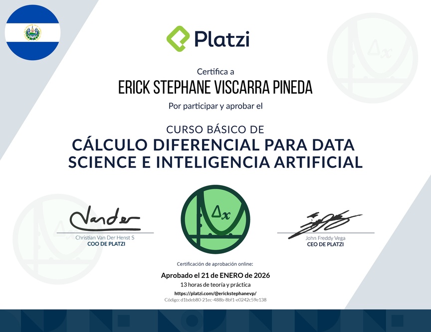 Diploma del Curso Básico de Cálculo Diferencial para Data Science e Inteligencia Artificial
