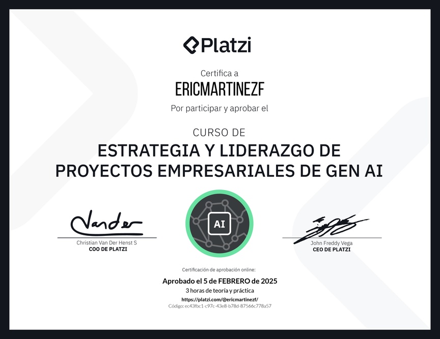 Diploma del Curso de Estrategia y Liderazgo de Proyectos Empresariales de Gen AI