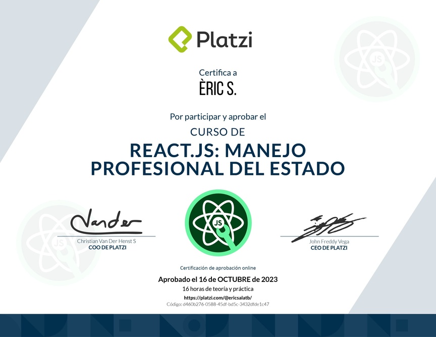 Diploma del Curso de React.js: Manejo Profesional del Estado