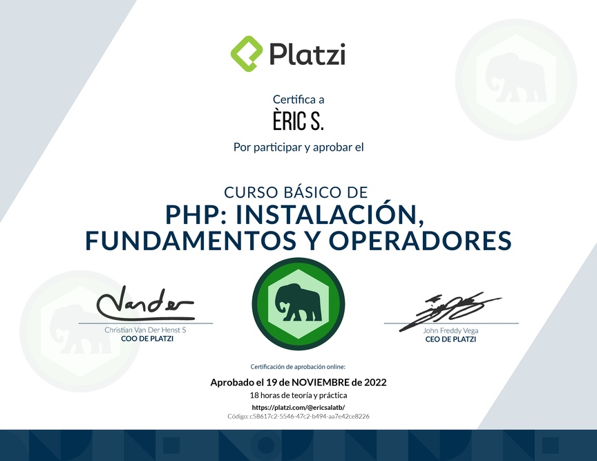 Diploma del Curso Básico de PHP: Instalación, Fundamentos y Operadores