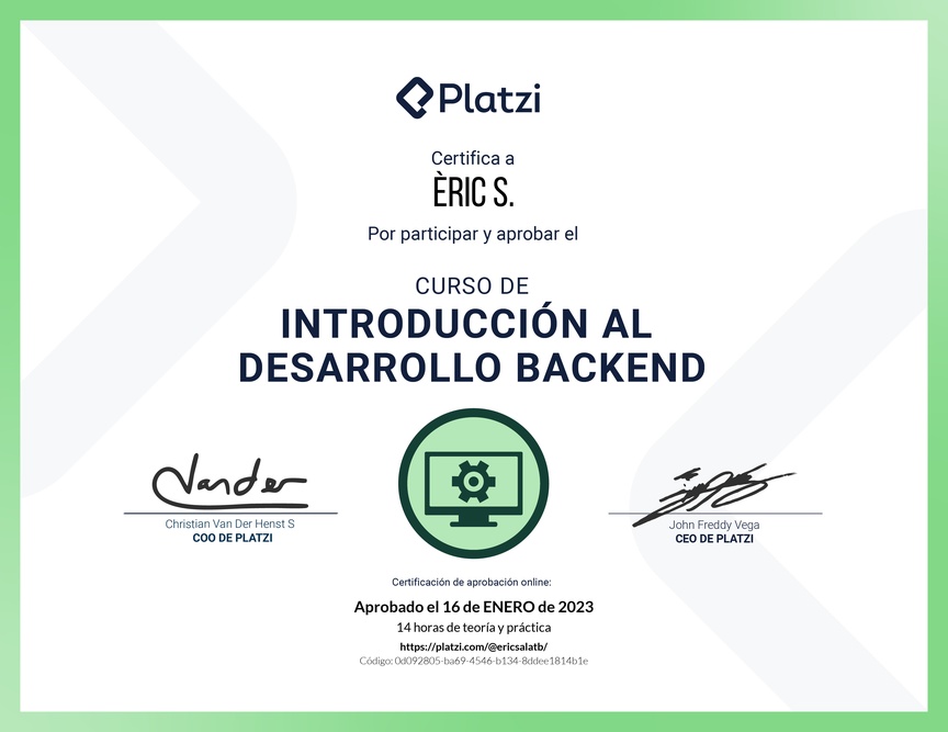 Diploma del Curso de Introducción al Desarrollo Backend