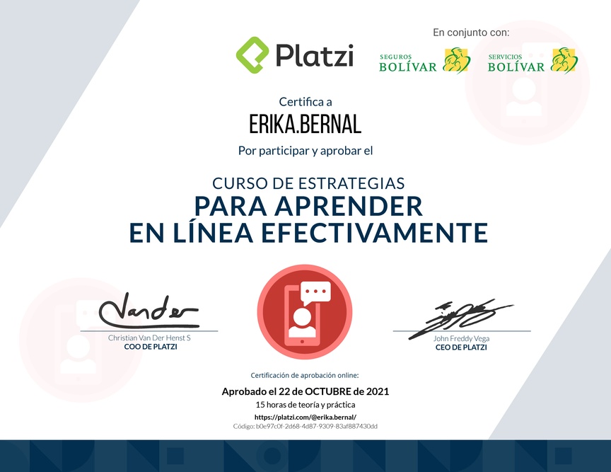 Diploma del Curso de Estrategias para Aprender en Línea Efectivamente 2019