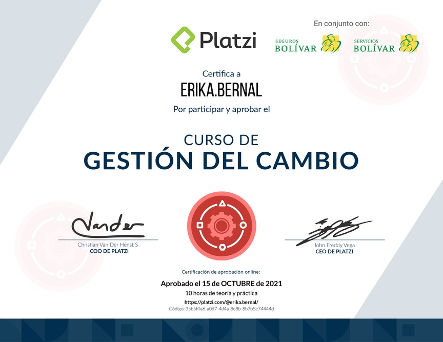 Diploma del Curso de Gestión del Cambio para Empresas