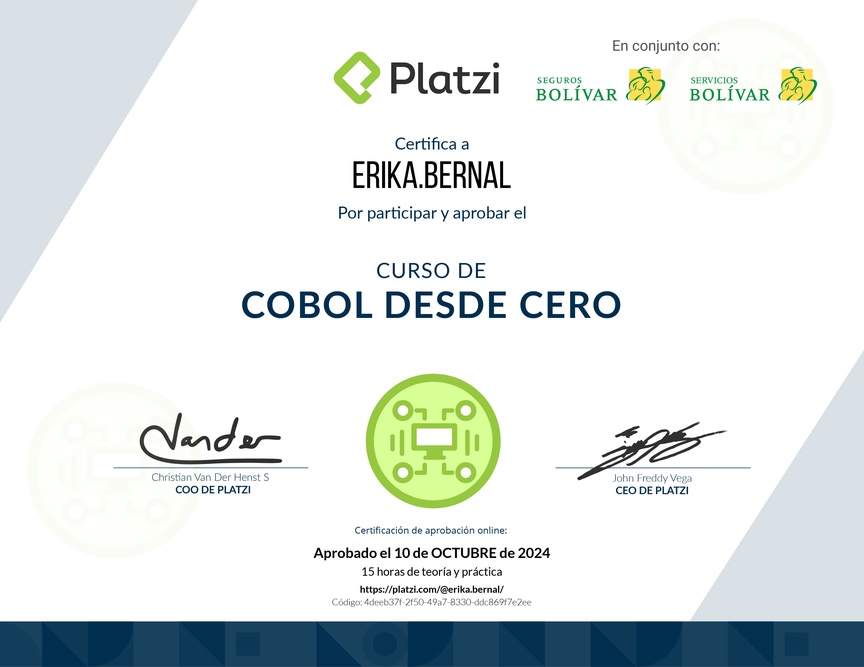 Diploma del Curso de COBOL desde Cero