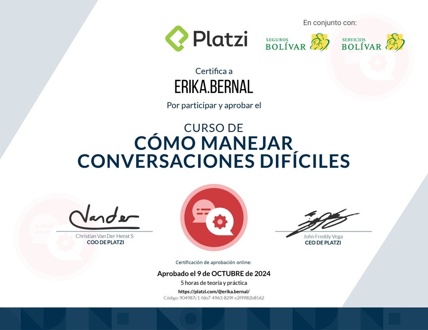 Diploma del Curso de Cómo Manejar Conversaciones Difíciles con Clientes