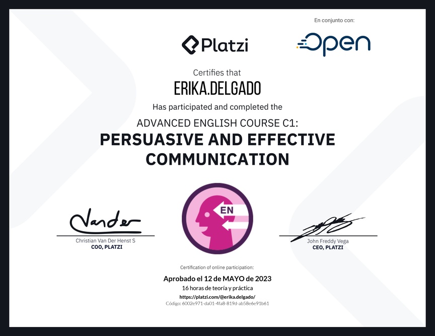 Diploma del Curso de Inglés Avanzado: Comunicación Persuasiva y Efectiva (2021)