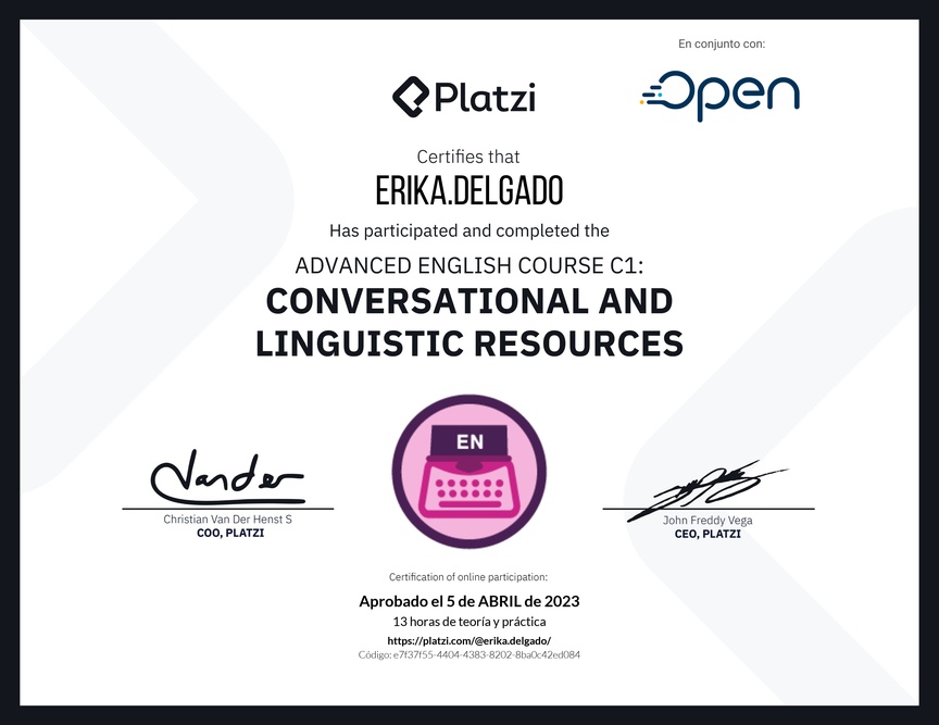 Diploma del Curso de Inglés Avanzado C1: Recursos Conversacionales y Lingüísticos