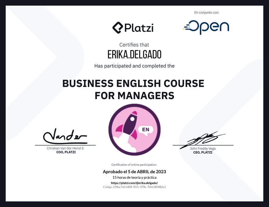 Diploma del Curso de Inglés de Negocios para Managers