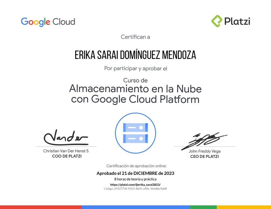 Diploma del Curso de Almacenamiento en la Nube con Google Cloud Platform