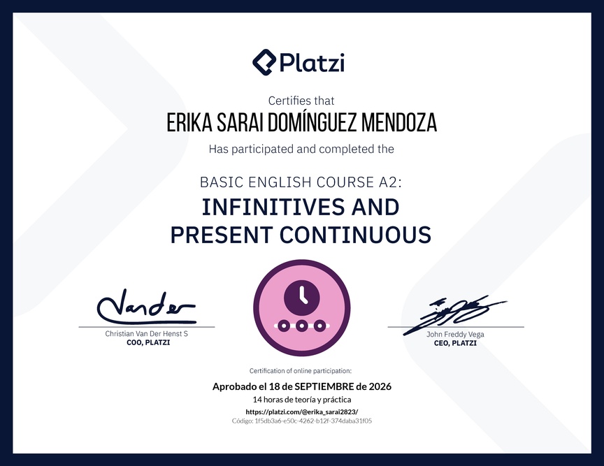 Diploma del Curso de Inglés Básico A2: Infinitivos y Presente Continuo