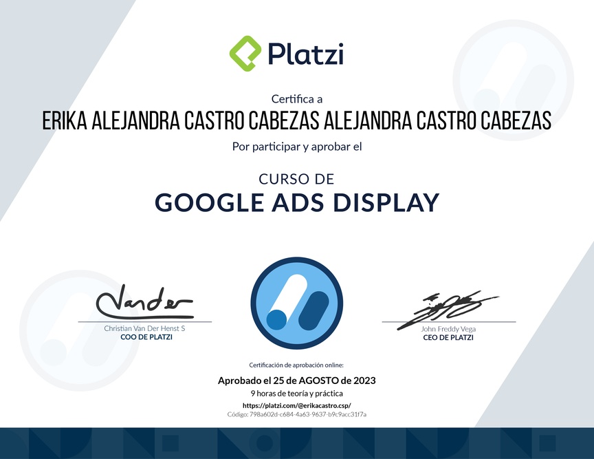 Diploma del Curso de Optimización de Campañas con Google Ads Display