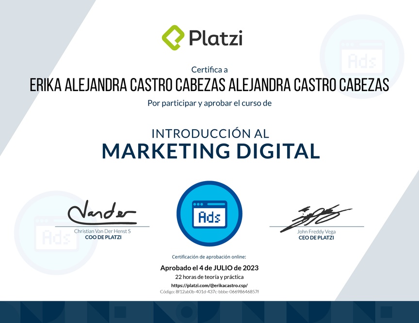 Diploma del Curso de Introducción al Marketing Digital (2022)