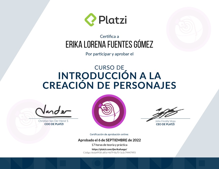 Diploma del Curso de Introducción  a la Creación de Personajes