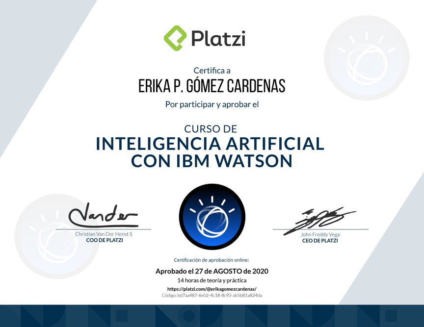 Diploma del Curso de Inteligencia Artificial con IBM Watson