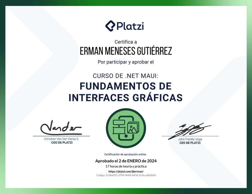 Diploma del Curso de .NET MAUI: Fundamentos de Interfaces Gráficas