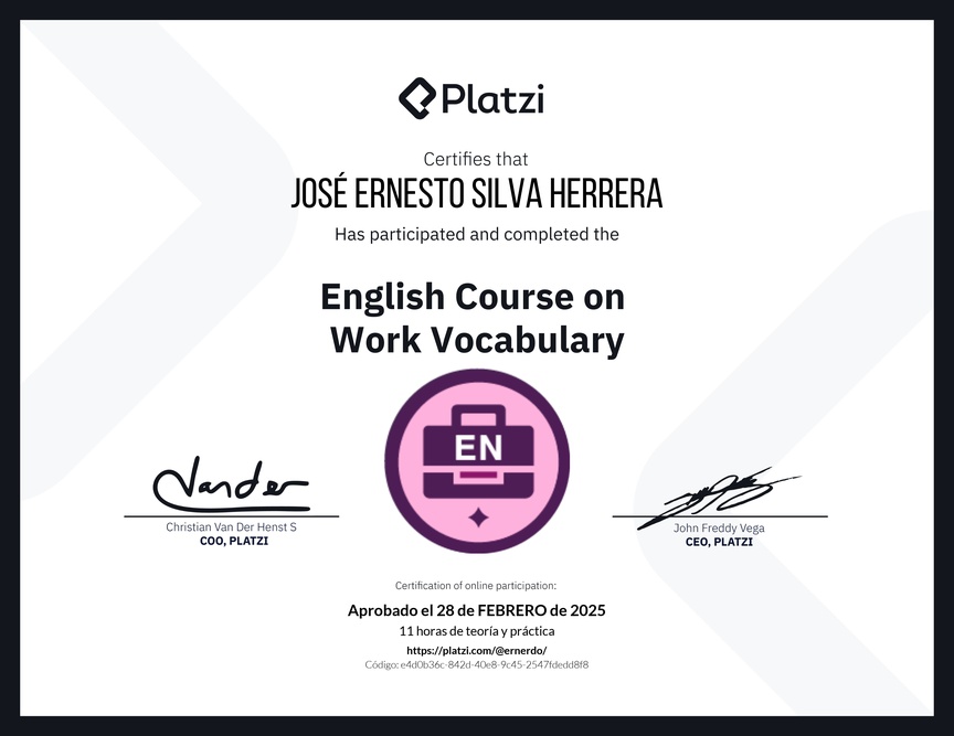 Diploma del Curso de Vocabulario en Inglés para el Trabajo