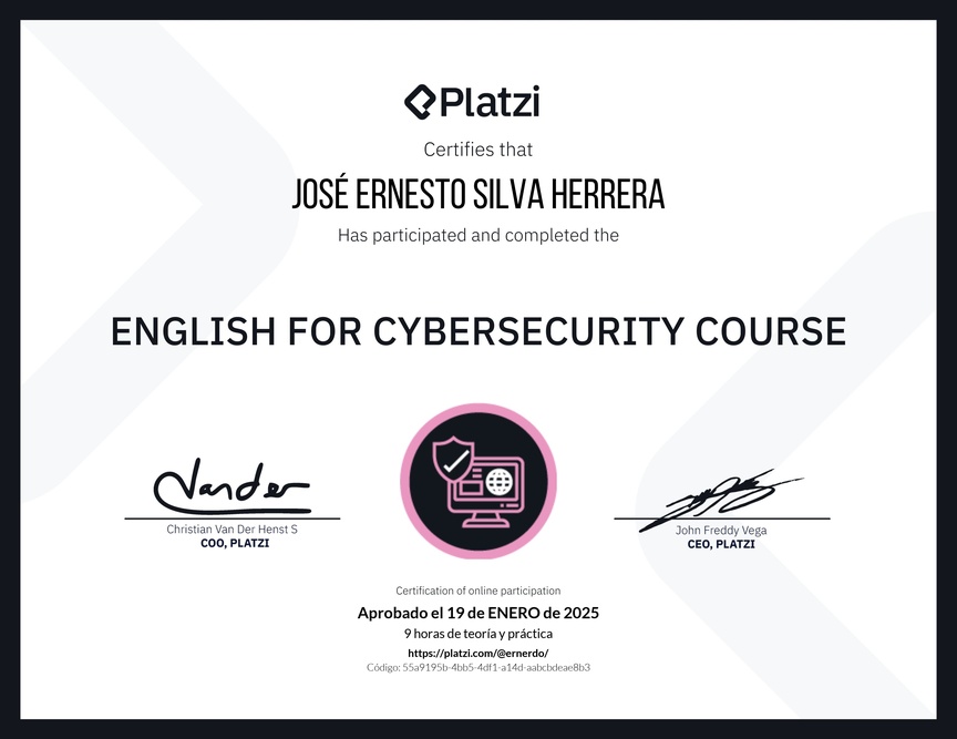 Diploma del Curso de Inglés para Ciberseguridad