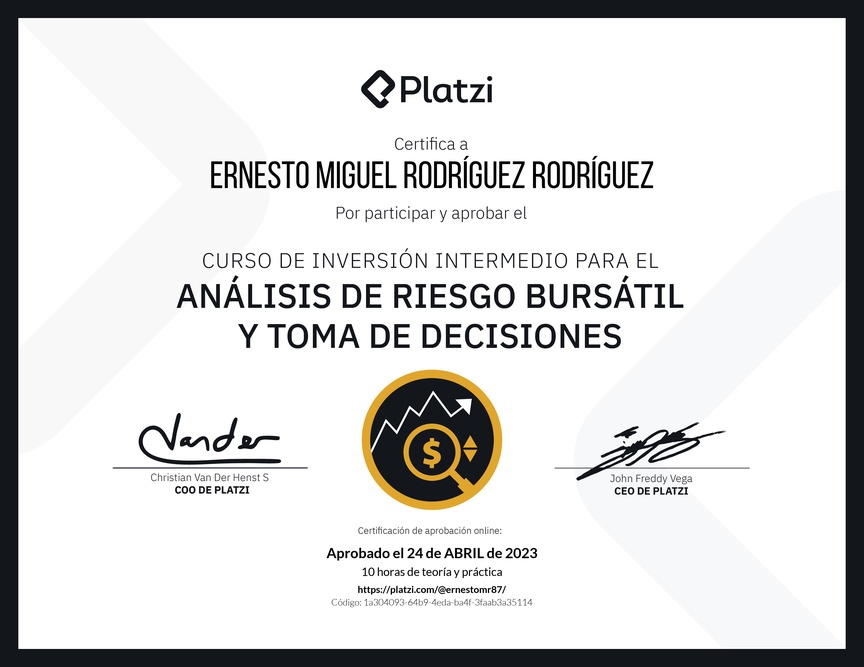 Diploma del Curso de Inversión Intermedio para el Análisis de Riesgo Bursátil y Toma de Decisiones