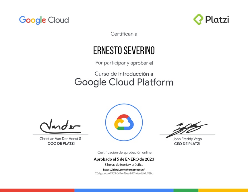 Diploma del Curso de Introducción a Google Cloud Platform