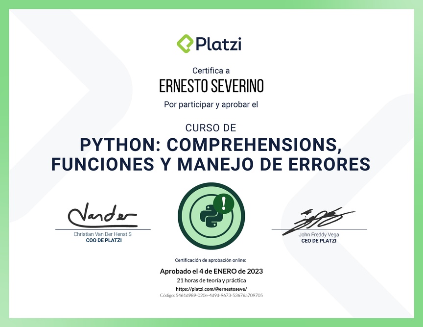 Diploma del Curso de Python: Comprehensions, Funciones y Manejo de Errores