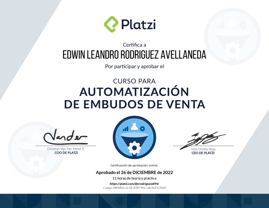 Diploma del Curso de Automatización de Embudos de Venta (2022)