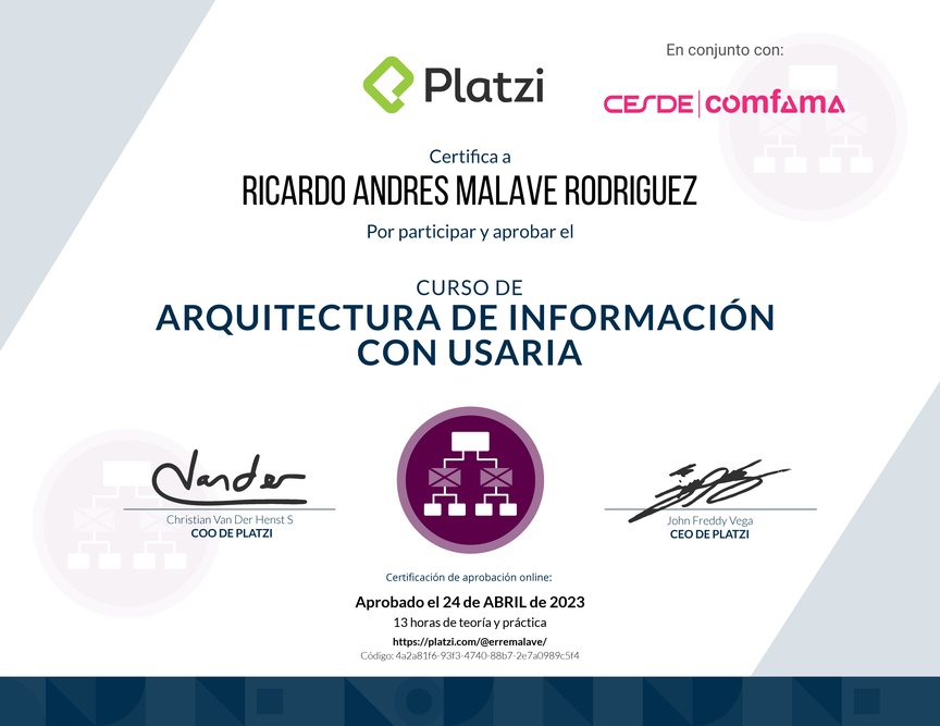 Diploma del Curso de Arquitectura de Información con Usaria